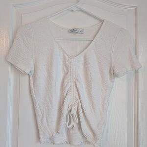 Hollister Cream Crop Top Tie Front Ruched Fitted Blouse Size Small